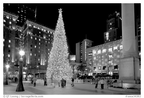 Christmas tree on Union Square at night. San Francisco, California, USA (black and white)