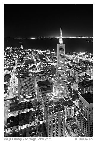 Transamerica Pyramid and Coit Tower, aerial view at night. San Francisco, California, USA (black and white)