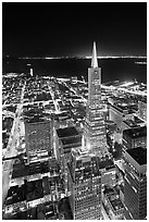 Transamerica Pyramid and Coit Tower, aerial view at night. San Francisco, California, USA (black and white)