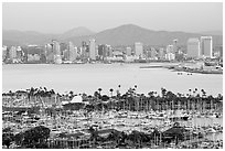 Skyline and San Diego Yacht Club,` from Point Loma, sunset. San Diego, California, USA (black and white)