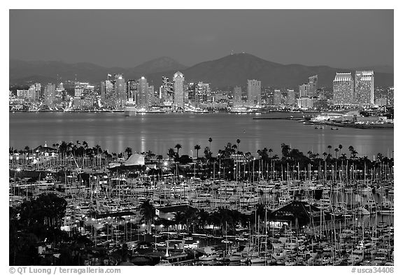 Marina and skyline at night. San Diego, California, USA (black and white)