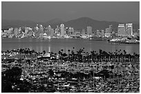 Marina and skyline at night. San Diego, California, USA (black and white)