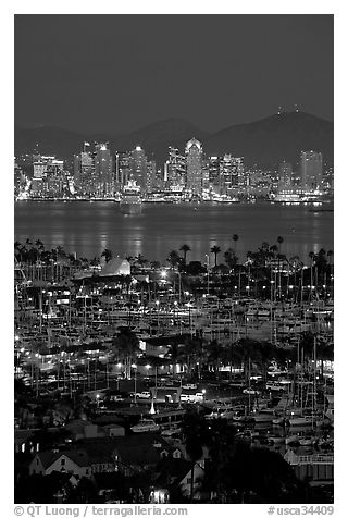 San Diego Yacht Club and skyline at night. San Diego, California, USA (black and white)