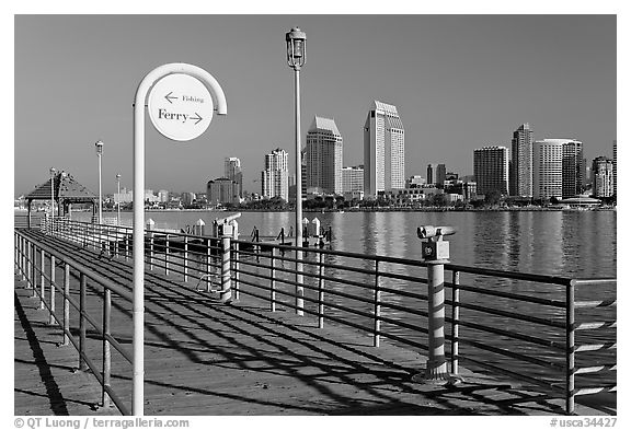 Sign, Ferry pier and skyline, Coronado. San Diego, California, USA