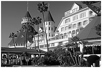 Facade of Hotel Del Coronado in victorian style. San Diego, California, USA (black and white)