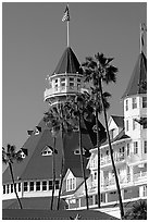 Towers and red roof of Hotel Del Coronado. San Diego, California, USA ( black and white)