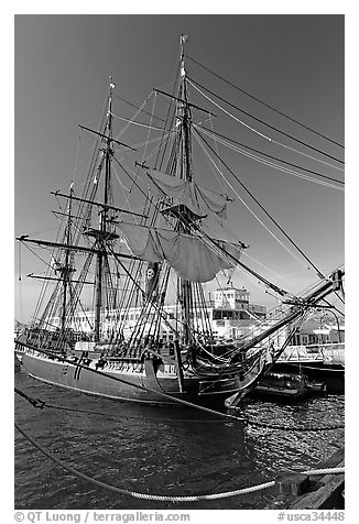 Maritime Museum with HMS Surprise and ferryboat Berkeley. San Diego, California, USA