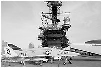 Navy aircraft and island superstructure, USS Midway. San Diego, California, USA ( black and white)