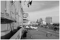 Flight deck and San Diego skyline seen from the USS Midway. San Diego, California, USA (black and white)