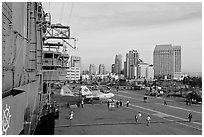 Flight control tower, flight deck, skyline, San Diego Aircraft  carrier museum. San Diego, California, USA (black and white)