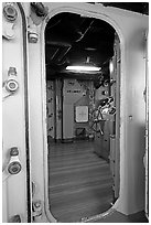 Bridge seen from a door, USS Midway aircraft carrier. San Diego, California, USA ( black and white)