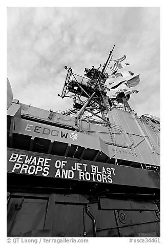 Island and flags,  USS Midway aircraft carrier. San Diego, California, USA