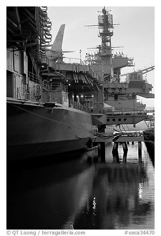 USS Midway aircraft carrier, sunset. San Diego, California, USA (black and white)