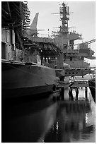 USS Midway aircraft carrier, sunset. San Diego, California, USA (black and white)