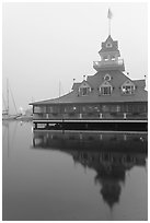 Boathouse restaurant in fog at sunrise, Coronado. San Diego, California, USA (black and white)