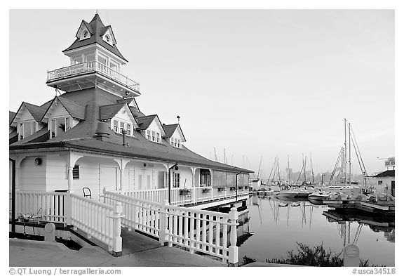 Boathouse and yachts, Coronado. San Diego, California, USA (black and white)