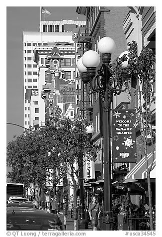 Gaslamp and street in the Gaslamp quarter. San Diego, California, USA (black and white)