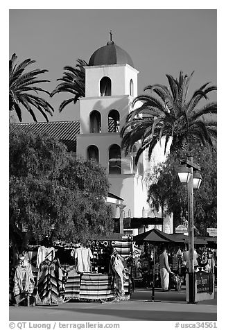Store and church, Old Town State Historic Park. San Diego, California, USA (black and white)