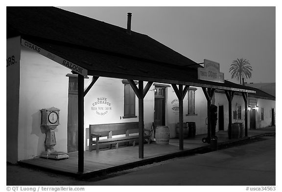 Historic building at night, Old Town State Historic Park. San Diego, California, USA (black and white)