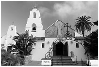 Church Mary Star of the Sea, designed by Carleon Winslow in California Mission style. La Jolla, San Diego, California, USA (black and white)