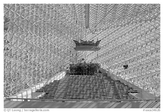 Interior detail of the Crystal Cathedral. Garden Grove, Orange County, California, USA (black and white)