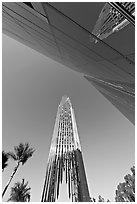 Bell tower and facade of the Crystal Cathedral, designed by Philip Johnson. Garden Grove, Orange County, California, USA (black and white)