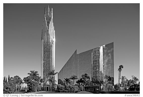 Crystal Cathedral, designed by architect Philip Johnson, afternoon. Garden Grove, Orange County, California, USA (black and white)