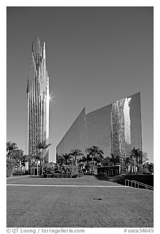 Crystal Cathedral and  bell tower, buildings made of glass for Televangelist Robert Schuller. Garden Grove, Orange County, California, USA