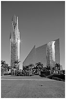 Crystal Cathedral and  bell tower, buildings made of glass for Televangelist Robert Schuller. Garden Grove, Orange County, California, USA (black and white)