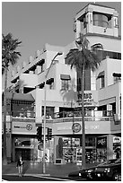 Shopping center on waterfront avenue. Huntington Beach, Orange County, California, USA (black and white)
