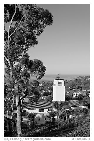 Eucalyptus and church in mission style. Laguna Beach, Orange County, California, USA (black and white)