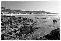 Tidepools and Main Beach, mid-day. Laguna Beach, Orange County, California, USA (black and white)