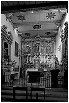 Altar and retablo from Barcelona in the Serra Chapel. San Juan Capistrano, Orange County, California, USA ( black and white)