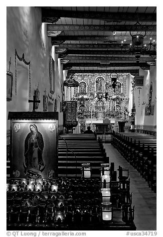 Inside of original mission chapel, constructed in 1782. San Juan Capistrano, Orange County, California, USA (black and white)