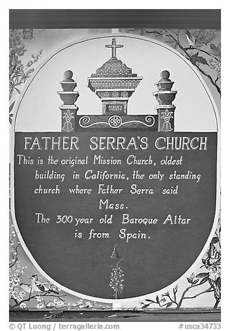Sign explaining historical significance of Serra Chapel. San Juan Capistrano, Orange County, California, USA