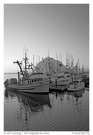 Fishing boats and Morro Rock, sunset. Morro Bay, USA (black and white)