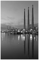 Power station reflected in harbor, dusk. Morro Bay, USA ( black and white)