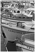 Close-up of colorful fishing boats. Morro Bay, USA ( black and white)