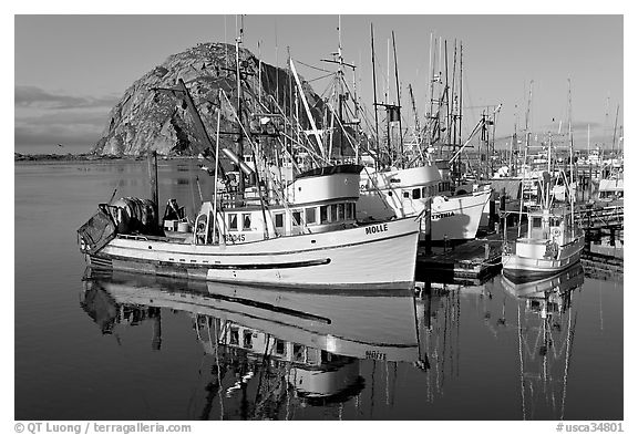 Fishing boats with reflections and Morro Rock, early morning. Morro Bay, USA (black and white)