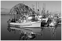 Fishing boats with reflections and Morro Rock, early morning. Morro Bay, USA ( black and white)
