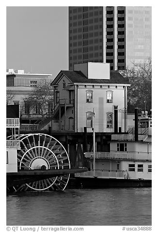 Paddle Steamers, historic house, and high rise building. Sacramento, California, USA
