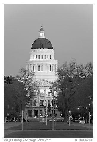 California State Capitol and Capitol Mall at dusk. Sacramento, California, USA
