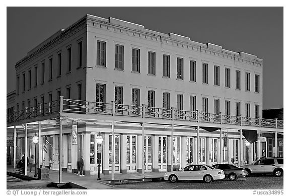 Gold-rush area building at night,  Old Sacramento. Sacramento, California, USA (black and white)