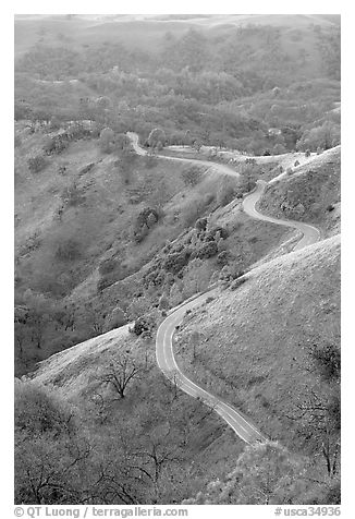 Winding road on the Mount Hamilton Range. San Jose, California, USA (black and white)