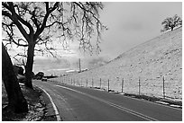 Mount Hamilton road, snowy hills,  and Silicon Valley. San Jose, California, USA (black and white)