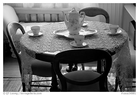 Dining table. Winchester Mystery House, San Jose, California, USA (black and white)