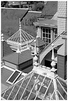 Roofs of some of the 160 rooms. Winchester Mystery House, San Jose, California, USA ( black and white)