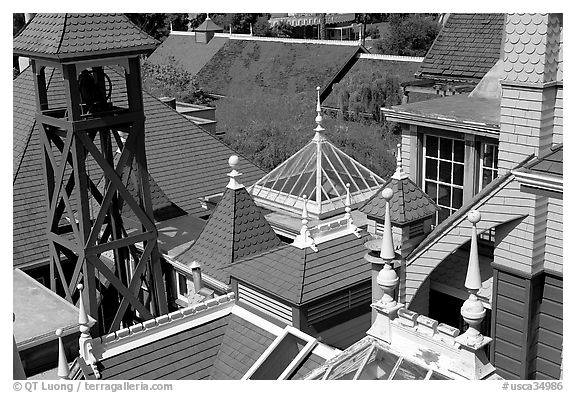 Rooftop detail. Winchester Mystery House, San Jose, California, USA (black and white)