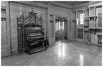 Ballroom and organ. Winchester Mystery House, San Jose, California, USA ( black and white)