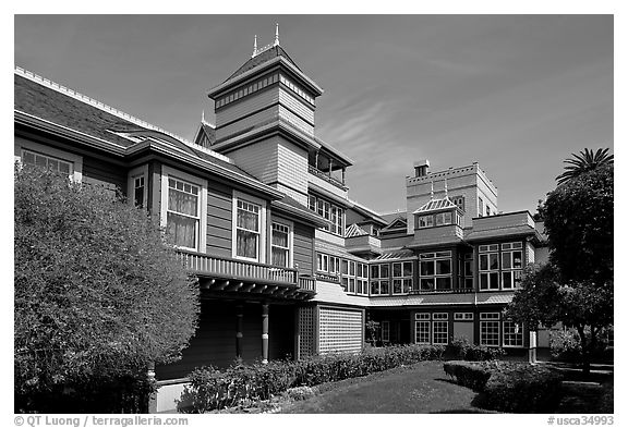 Garden and courtyard. Winchester Mystery House, San Jose, California, USA (black and white)